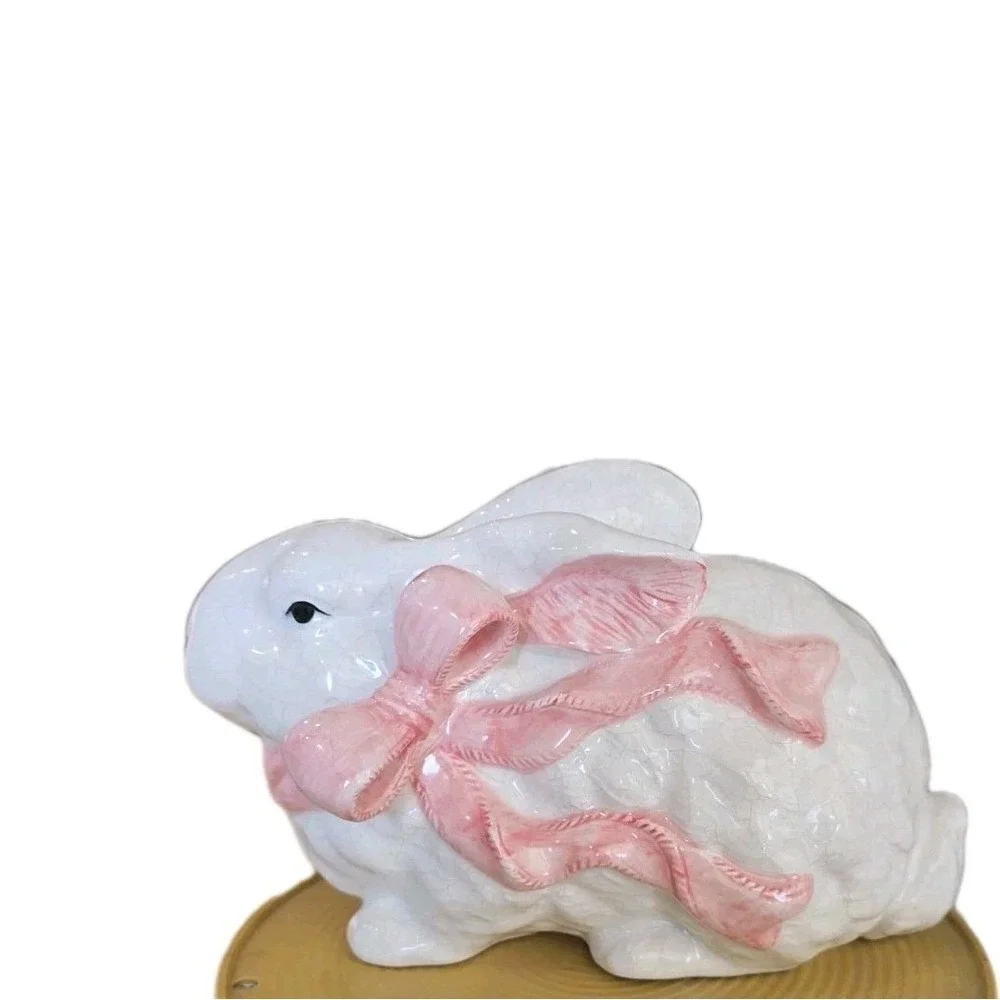 VTG Lot 2 white crackle glaze ceramic bunny pink bow Kitsch Easter Spring Size L